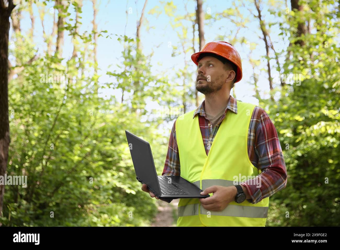 Forester con laptop che esamina piante nella foresta, spazio per il testo Foto Stock