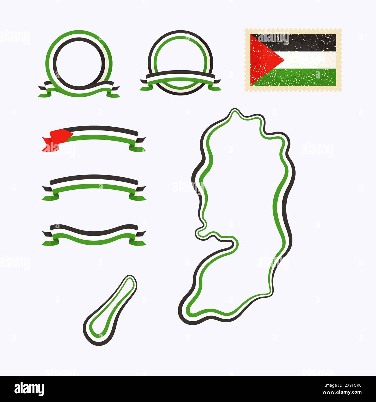 Schema della Palestina. Il bordo è contrassegnato con un nastro di colore nazionale. La confezione contiene cornici in colori nazionali e timbro con bandiera. Illustrazione Vettoriale