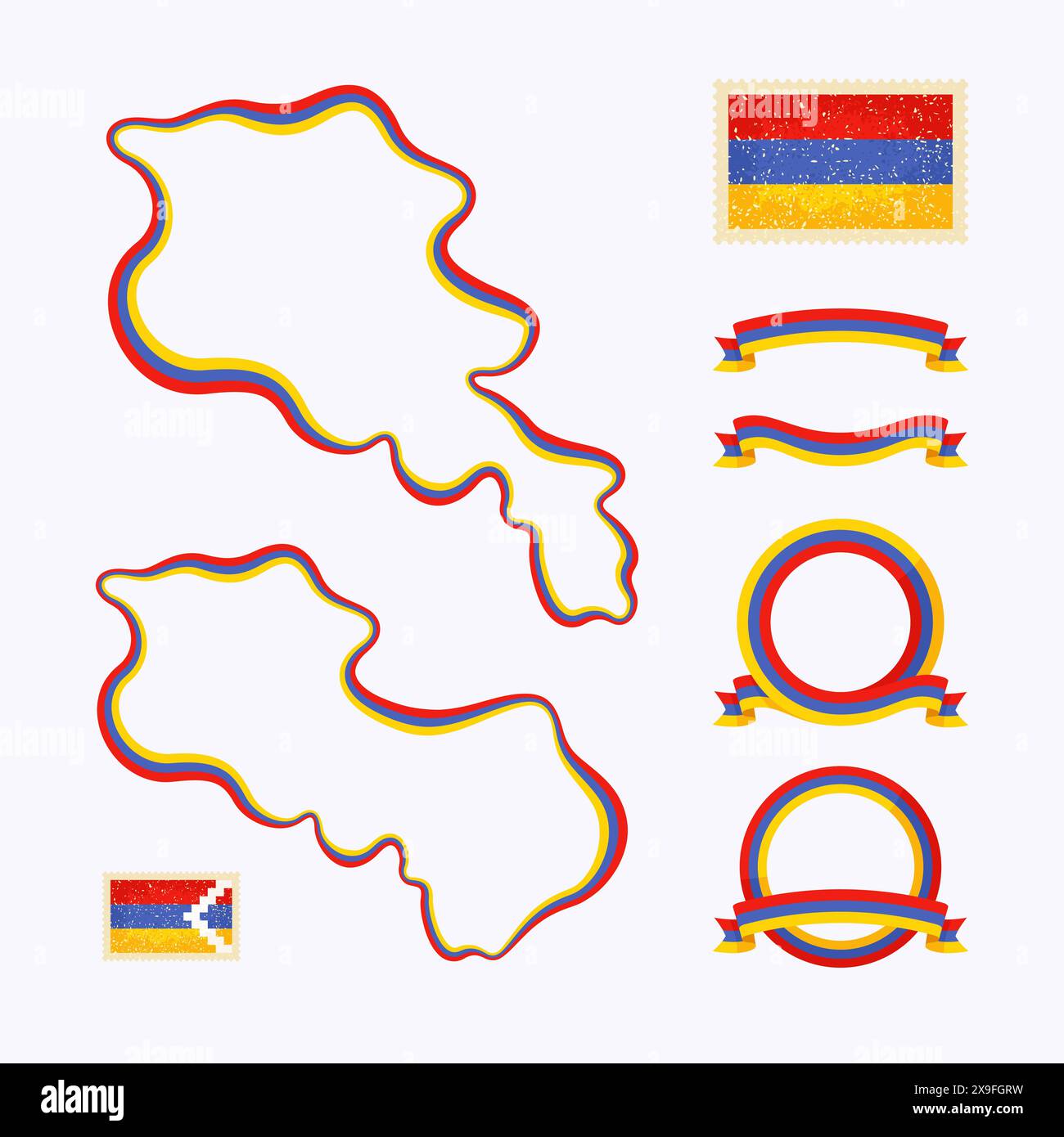 Mappa generale dell'Armenia. Il bordo è contrassegnato con un nastro di colore nazionale. La confezione contiene cornici in colori nazionali e timbro con bandiera. Illustrazione Vettoriale