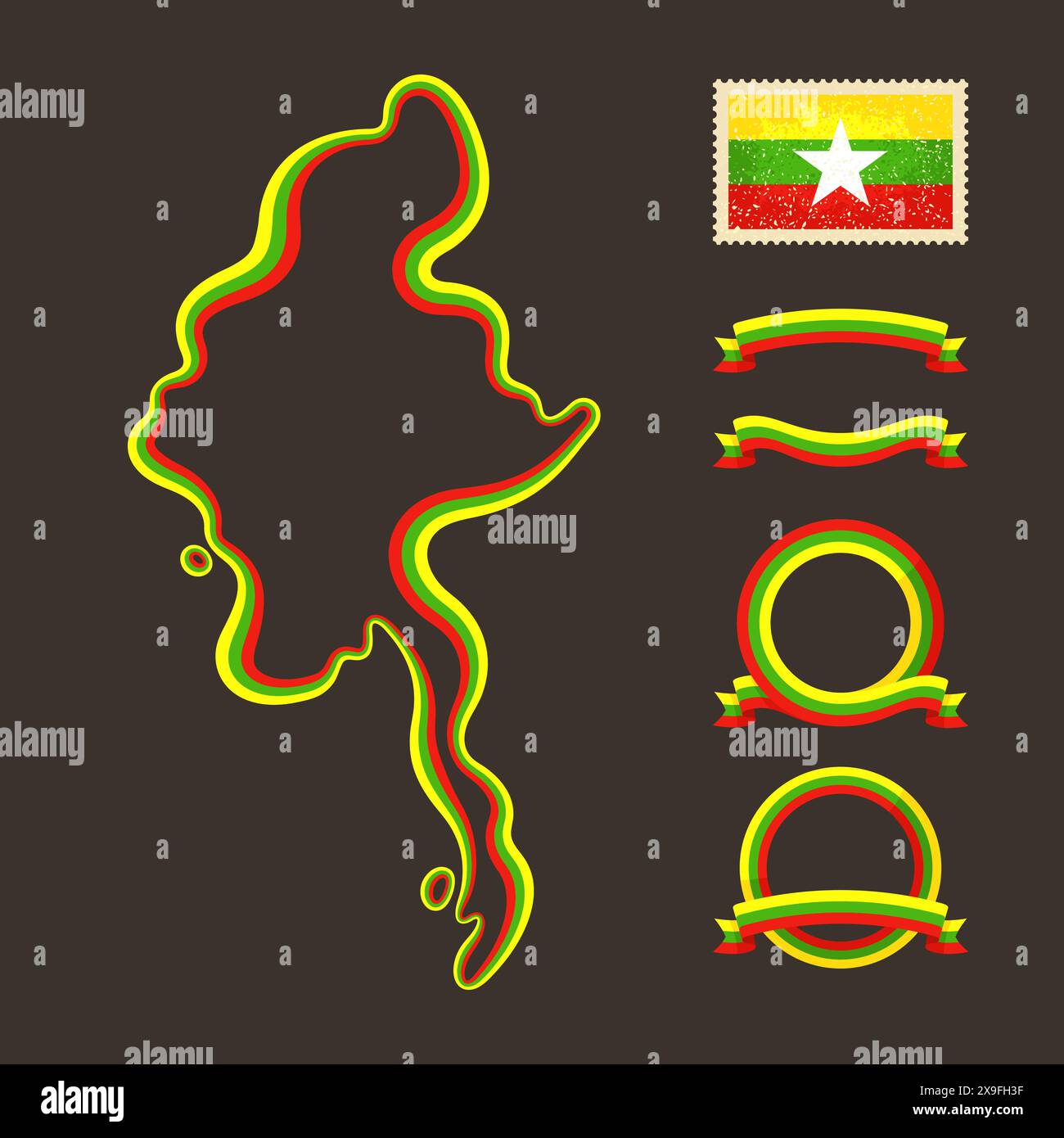 Mappa delineata del Myanmar (Birmania). Il bordo è contrassegnato con un nastro di colore nazionale. La confezione contiene cornici in colori nazionali e timbro con bandiera. Illustrazione Vettoriale