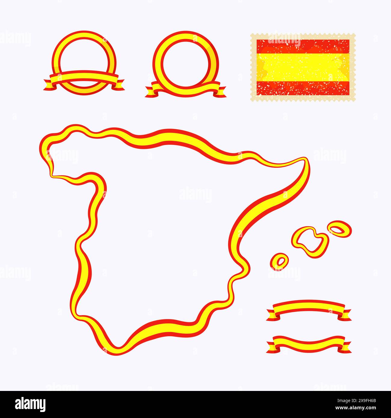 Mappa delineata della Spagna. Il bordo è contrassegnato con un nastro nei colori nazionali. La confezione contiene un timbro con flag e cornici. Il file viene creato con Illustrazione Vettoriale