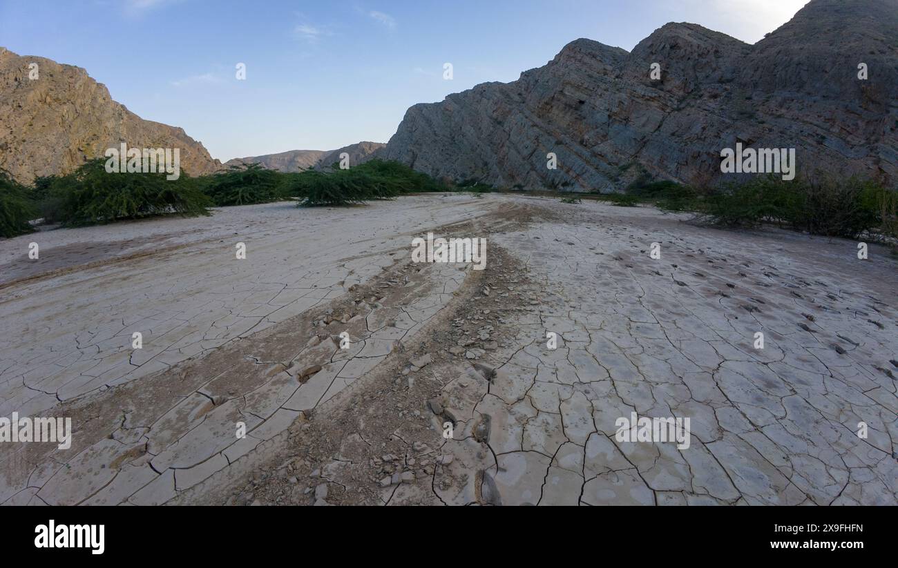 Fotografia del letto del fiume essiccato con fango e tracce di pneumatici in Oman durante la serata primaverile Foto Stock