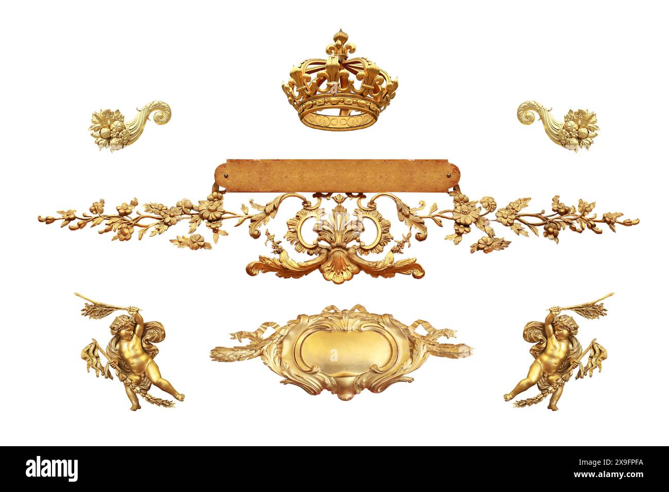 Dettagli dorati isolati della Francia su sfondo bianco Foto Stock
