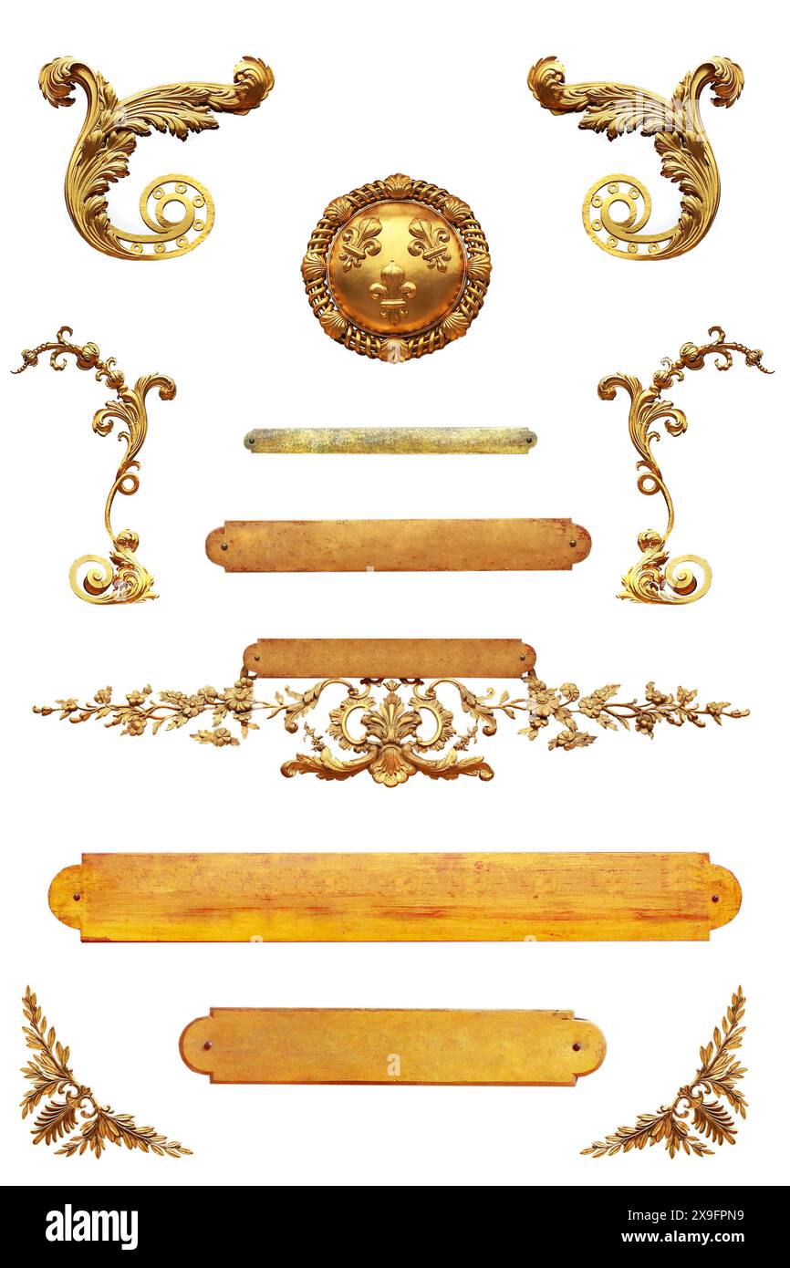 piastre per una cornice dorata isolata su sfondo bianco Foto Stock