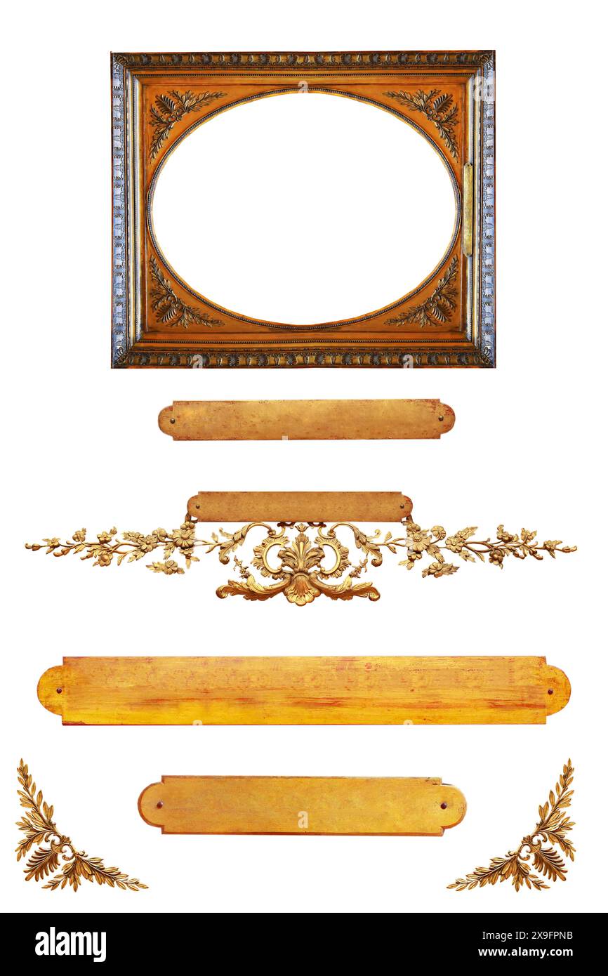 piastre per una cornice dorata isolata su sfondo bianco Foto Stock