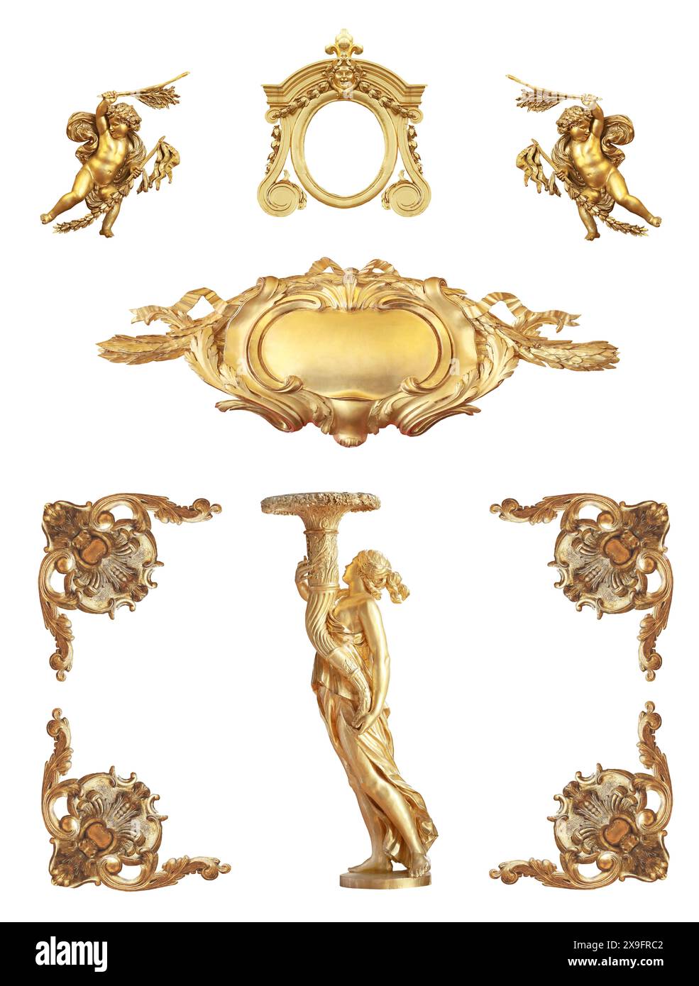 Dettagli dorati isolati della Francia su sfondo bianco Foto Stock