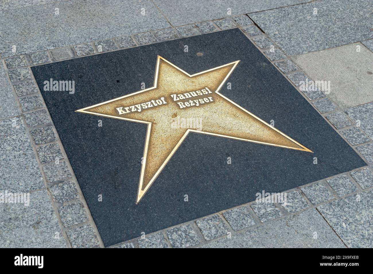 Lodz, Polonia - 14 aprile 2024: Stella del regista Krzysztof Zanussi sulla Lodz Walk of Fame. Foto Stock