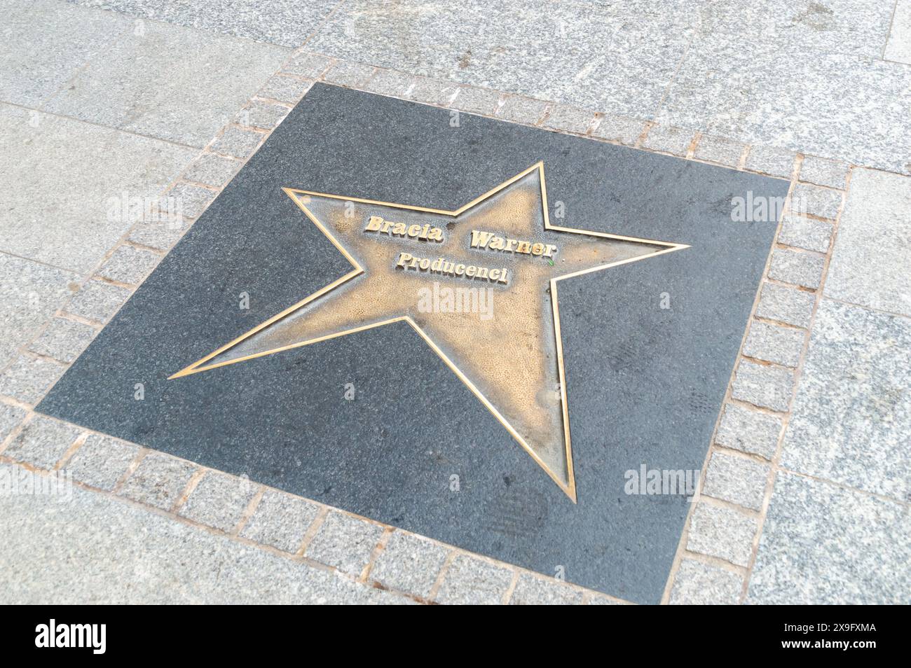 Lodz, Polonia - 14 aprile 2024: Star to the producer Warner Brothers on the Lodz Walk of Fame. Foto Stock