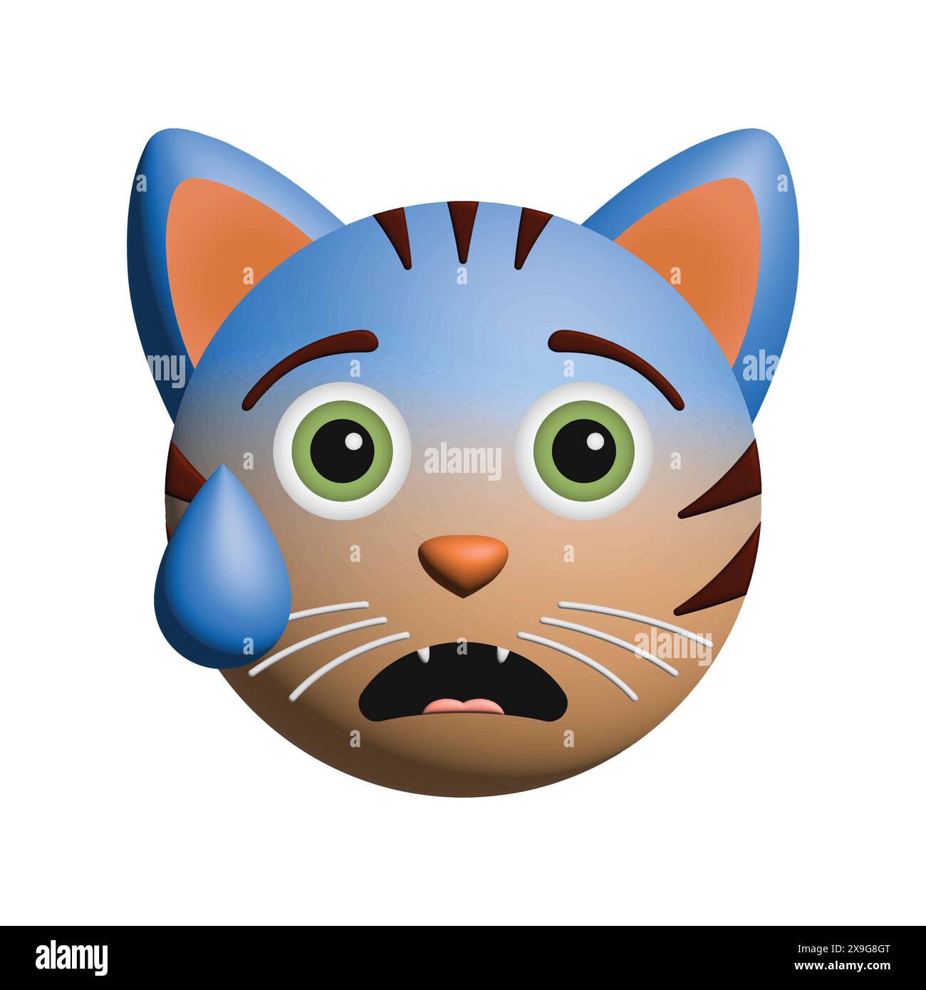 Spaventata paura 3D gatto arancione con occhi verdi, un'emoji vettoriale Illustrazione Vettoriale