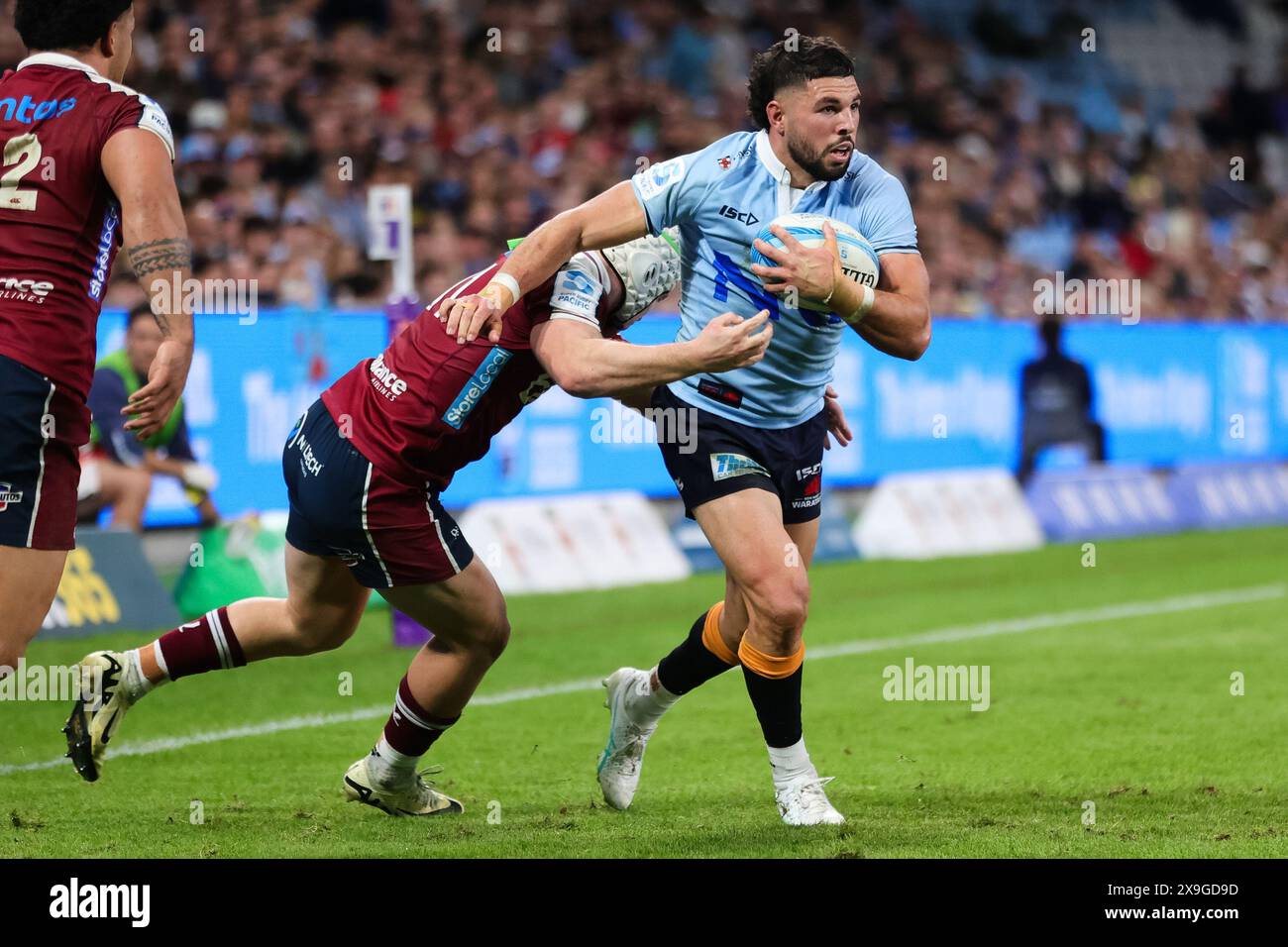 Sydney, Australia, 31 maggio 2024. Tristan Reilly dei Waratahs corre la palla durante il Super Rugby Pacific match tra NSW Waratahs e Queensland Reds all'Allianz Stadium il 31 maggio 2024 a Sydney, Australia. Crediti: Pete Dovgan/Speed Media/Alamy Live News Foto Stock