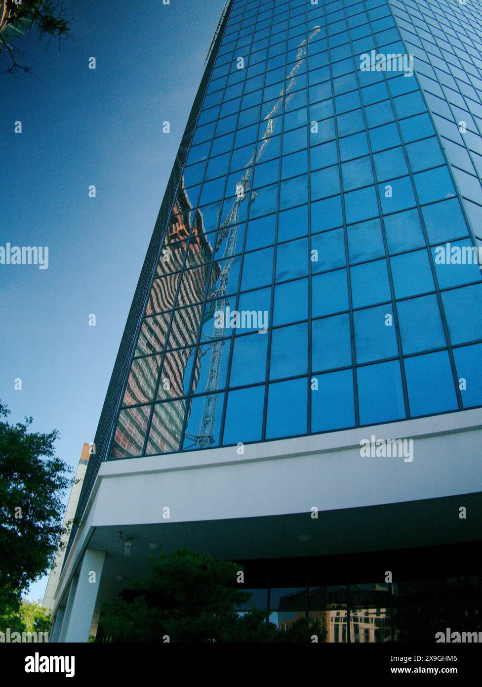 Vista laterale di un alto edificio a più piani in vetro con una gru da costruzione che riflette. Cielo blu, palma in una giornata di sole. Niente persone e spazio per le copie. Foto Stock