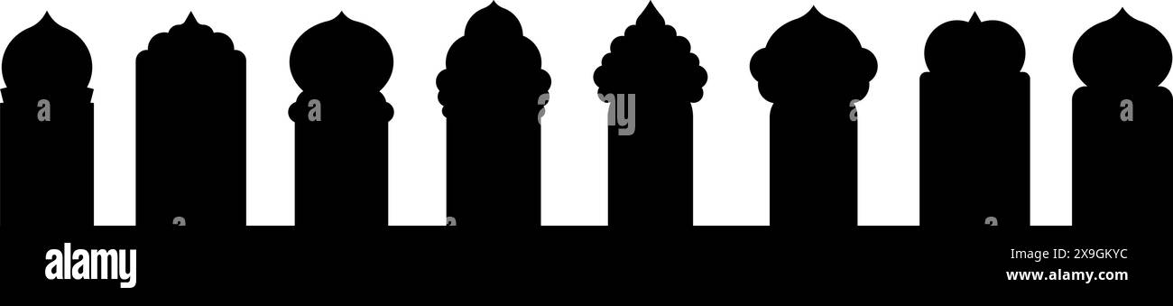 Forma ad arco islamico con intricato schema Ramadan. Struttura di ispirazione araba per porte e finestre di moschea. Illustrazione vettoriale piatta isolata su bianco Illustrazione Vettoriale