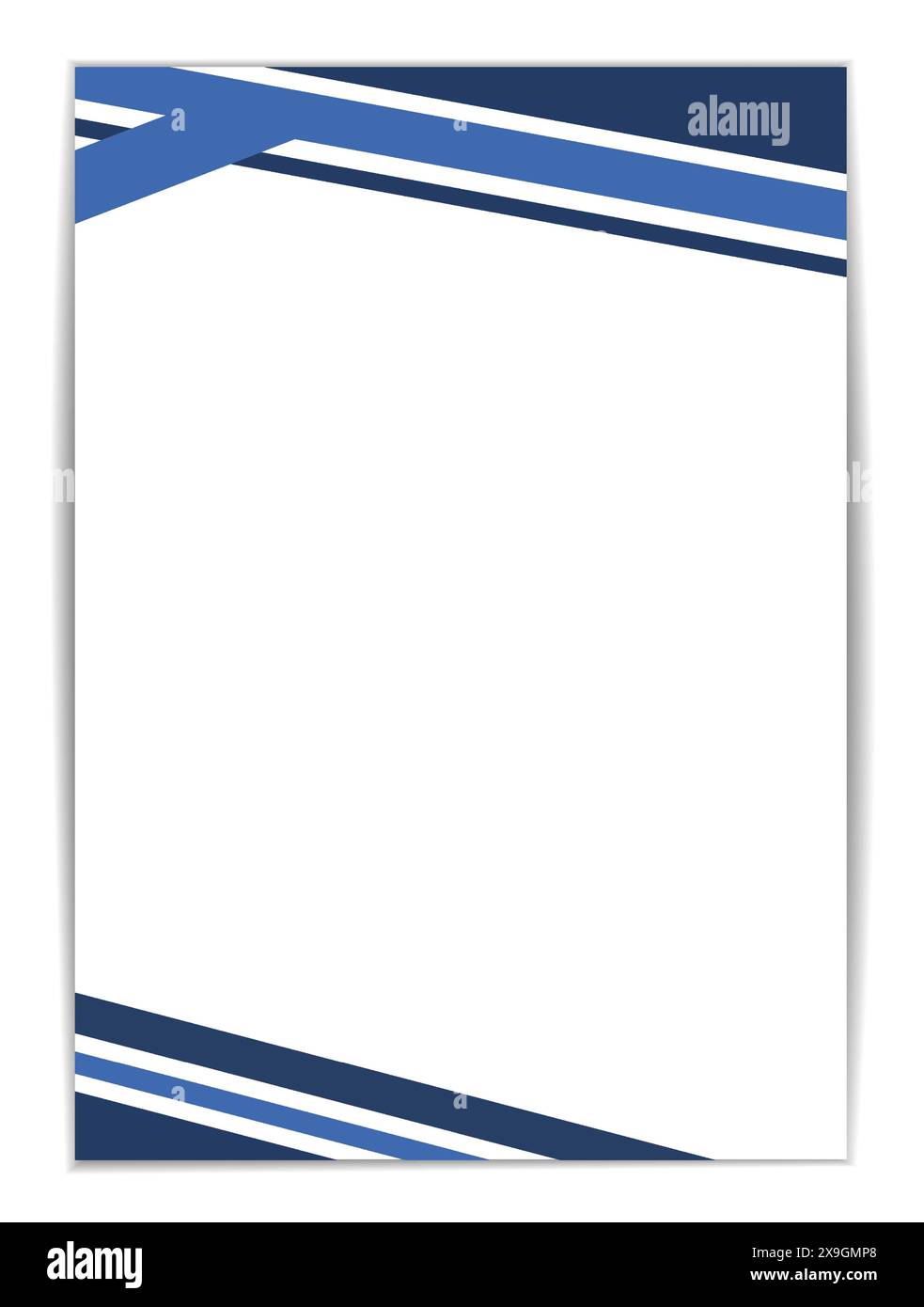 Modello di design per mockup in carta A4 ideale per le fatture. Ha un layout pulito con strisce diagonali blu e bianche sui bordi superiore e inferiore, fornendo Illustrazione Vettoriale