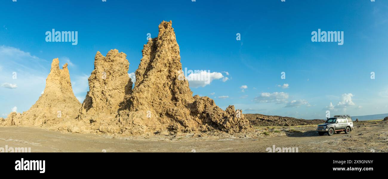 Camini preistorici in pietra calcarea, lago salato Abbe, regione di Dikhil, Gibuti Foto Stock