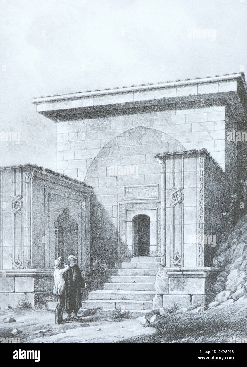 Mausoleo di Dzhanike-Khanym (figlia dell'Orda d'Oro Khan Tokhtamysh) a Chufut-Kale in Crimea. Incisione di M. Webel del XIX secolo. Foto Stock