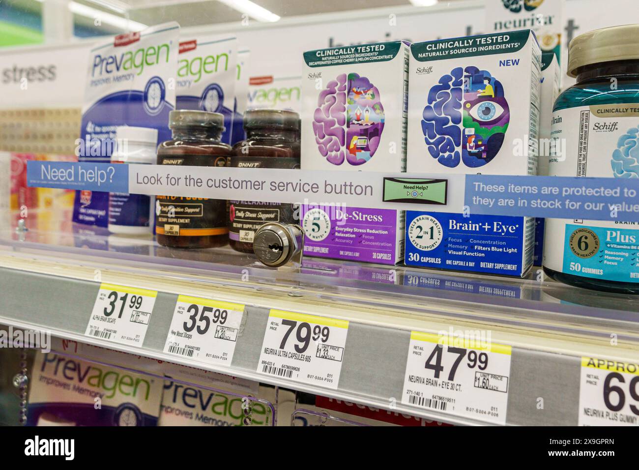 Miami Beach, Florida, farmacia Walgreens, vendita all'interno di scaffali interni, OTC farmaci da banco, Prevagen Neuriva, memoria impr Foto Stock
