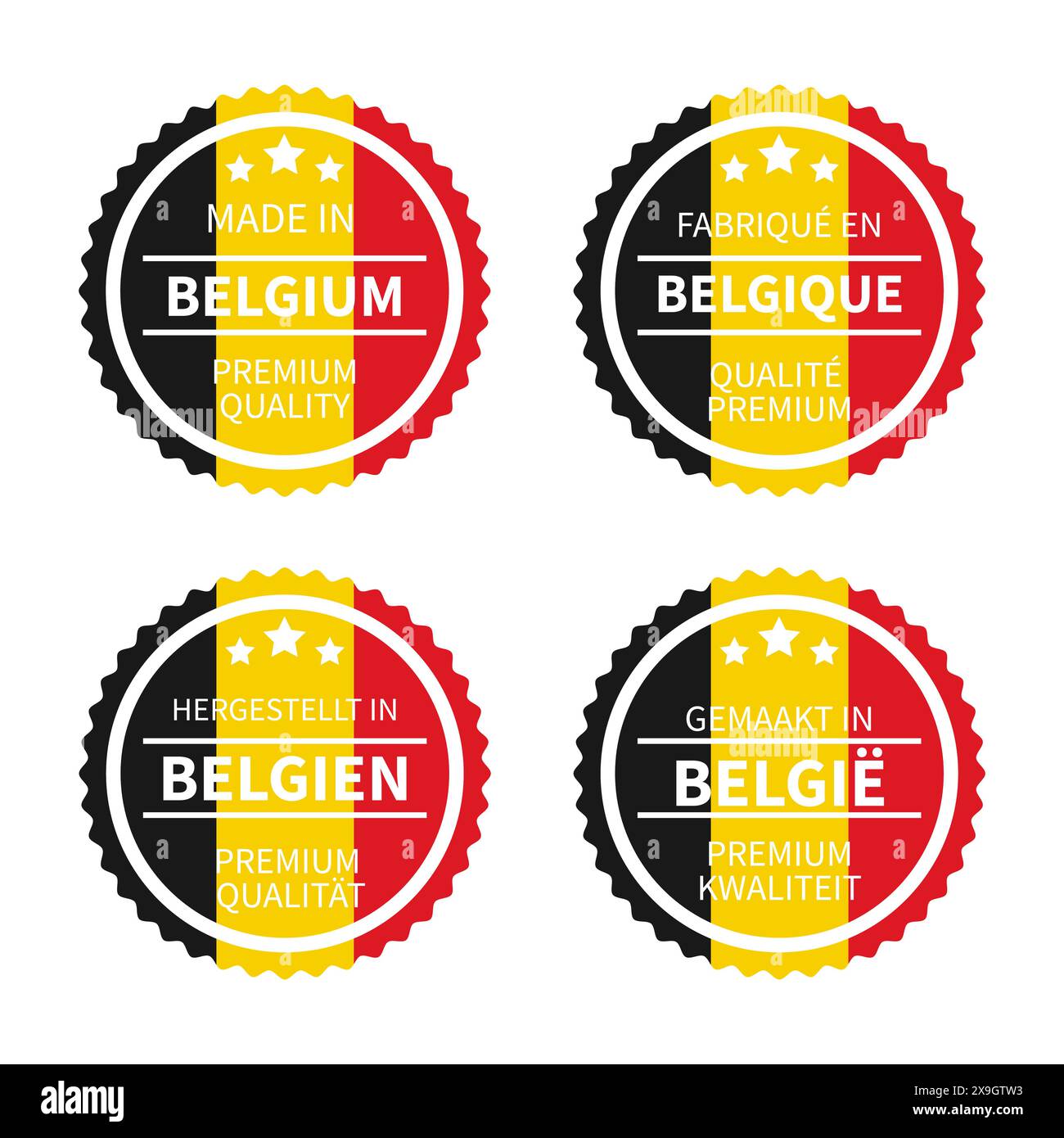 Etichette rotonde prodotte in Belgio in inglese, francese, olandese e tedesco. Icona del vettore del marchio di qualità. Perfetto per design di logo, badge, etichette, adesivi Illustrazione Vettoriale