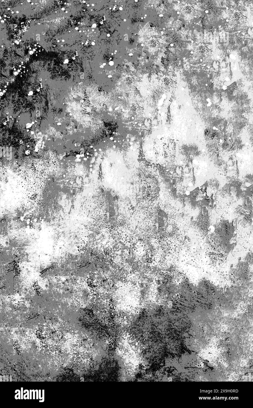 Pittura astratta in bianco e nero con texture ruvide ed effetto splatter che creano un impatto visivo drammatico Foto Stock