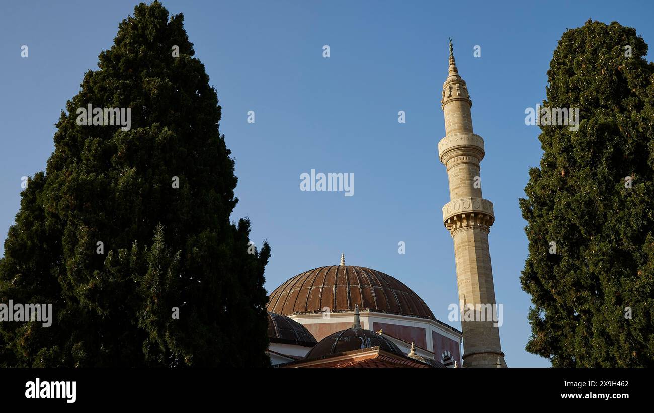 Moschea Solimana, moschea con grande cupola e minareto, circondata da alti alberi sotto un cielo azzurro, la città vecchia di Rodi, Rodi e Rodi Foto Stock