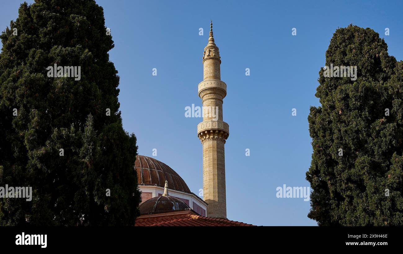 Moschea Solimana, minareto e cupola di una moschea, circondata da alti alberi in un quartiere tranquillo, la città vecchia di Rodi, Rodi, Dodecaneso Foto Stock