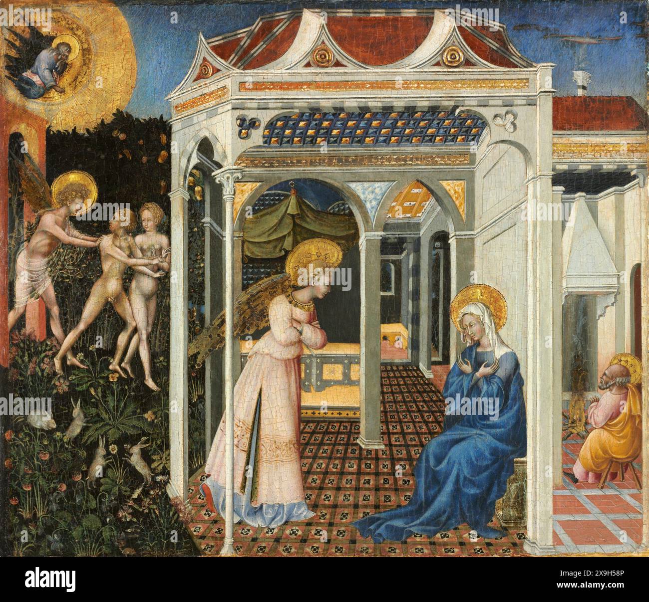 Pittura dell'Annunciazione e dell'espulsione dal Paradiso, 1435 circa, dell'artista senese italiano Giovanni di Paolo, arte religiosa medievale Foto Stock