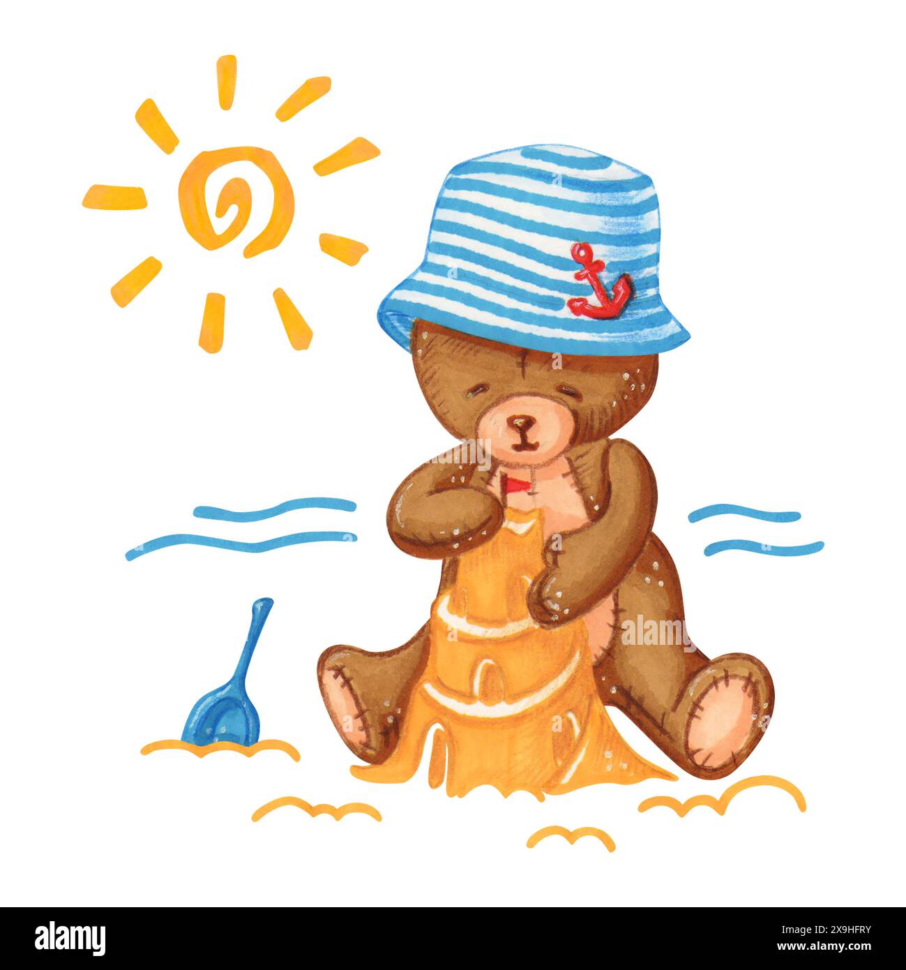 L'orso giocattolo costruisce un castello di sabbia, seduto sulla riva del mare sotto il sole luminoso. Illustrazione in acquerello dell'orsacchiotto appoggiato sulla spiaggia per cartoline e t-shirt Foto Stock