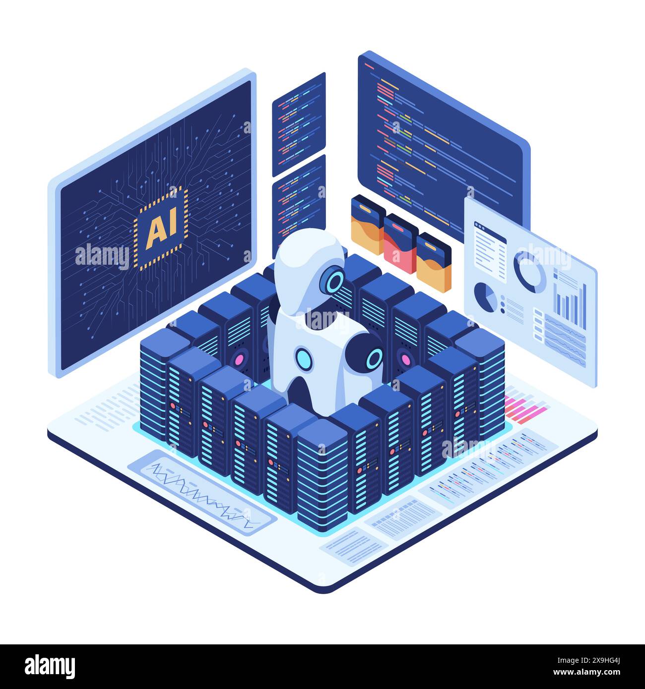 Robot isometrico ai 3d piatto nella sala server con analisi dei dati. Concetto di automazione dei data center AI Illustrazione Vettoriale