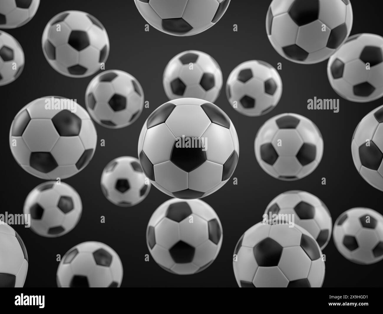 Sfondo formato da palline da calcio. illustrazione 3d. Foto Stock