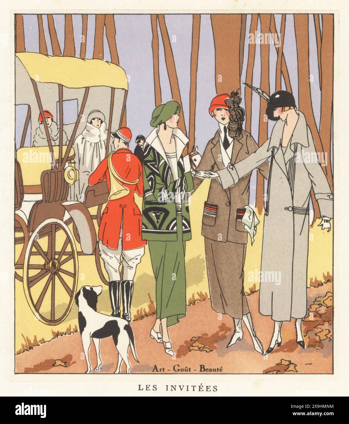 Flappers francesi in una caccia al cervo nel bosco, altre signore in un'automobile, 1923. Abito in tre pezzi in crepe du Maroc di Christophe Doucet. Due pezzi in lana beige di Edward Molyneux. Cappotto sportivo in lana grigia di Augusta Bernard. Gli invitati. Litografia di pocoro a mano (stencil) dopo un'illustrazione di Miss Colette, Miss J. Dory, Miss Mariotton, Miss Vitrotto da Art, Gout, Beaute, pubblicata dalla rivista di moda AGB, Lione, 1923. Foto Stock