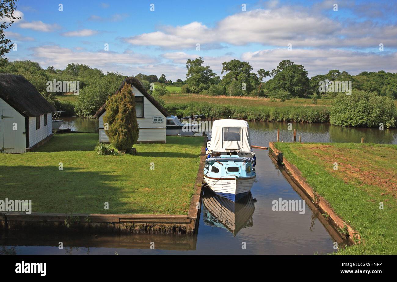 Piccola diga con ormeggi privati e barche al largo del fiume Bure a Coltishall Common sul Norfolk Broads a Coltishall, Norfolk, Inghilterra, Regno Unito. Foto Stock