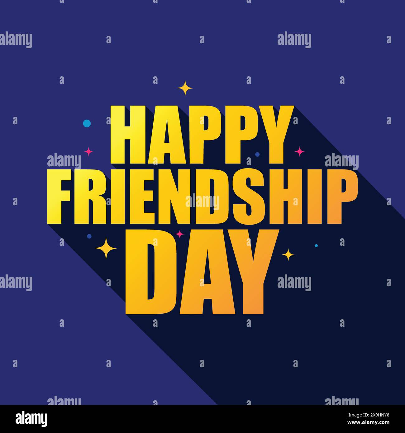 Felice giorno dell'amicizia colorata e audace illustrazione vettoriale con una lunga ombra su sfondo blu. Testo tipografico moderno per festeggiare Illustrazione Vettoriale