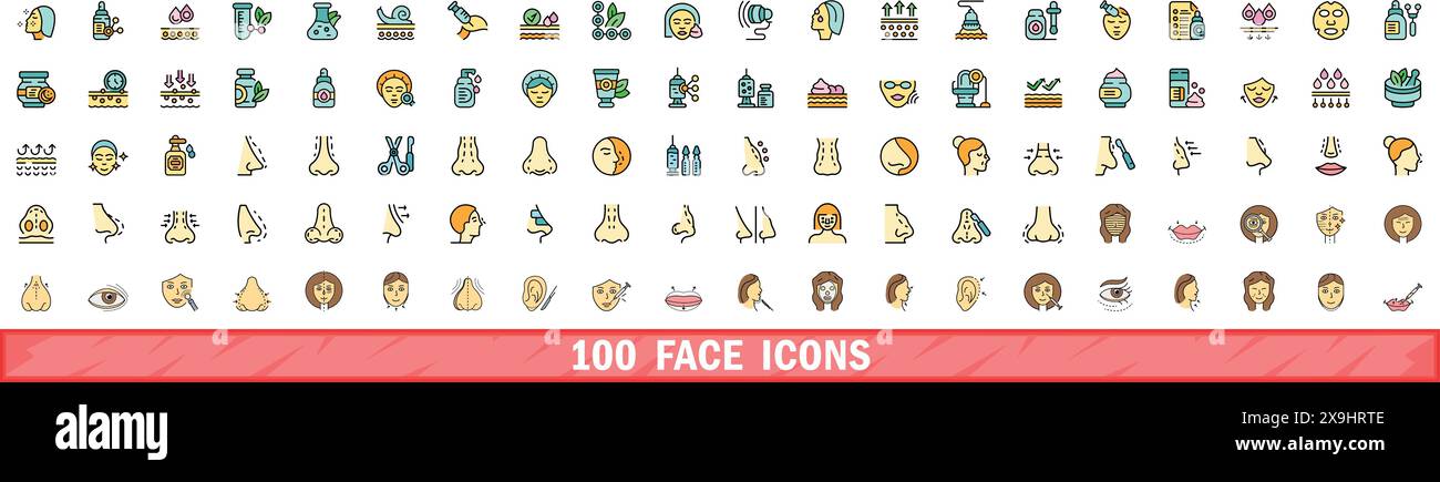 100 set di icone dei volti. Set di linee di colore delle icone vettoriali della faccia linea sottile colore piatto su bianco Illustrazione Vettoriale