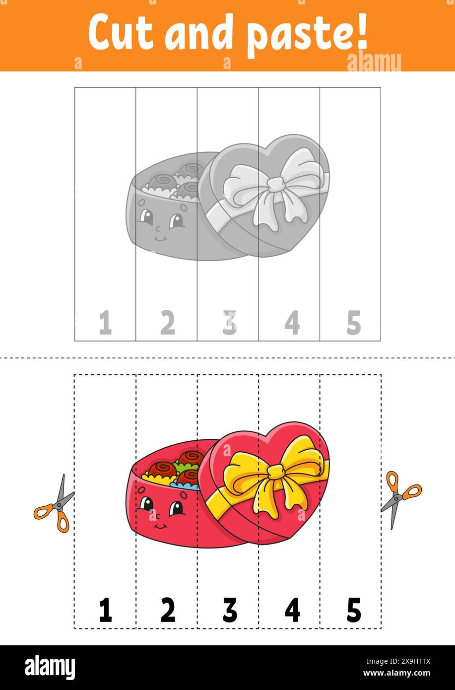 Numeri di apprendimento 1-5. Tagliare e incollare. personaggio dei cartoni animati. Foglio di lavoro per lo sviluppo dell'istruzione. Gioco per bambini. Pagina attività. Illustrazione vettoriale. Illustrazione Vettoriale