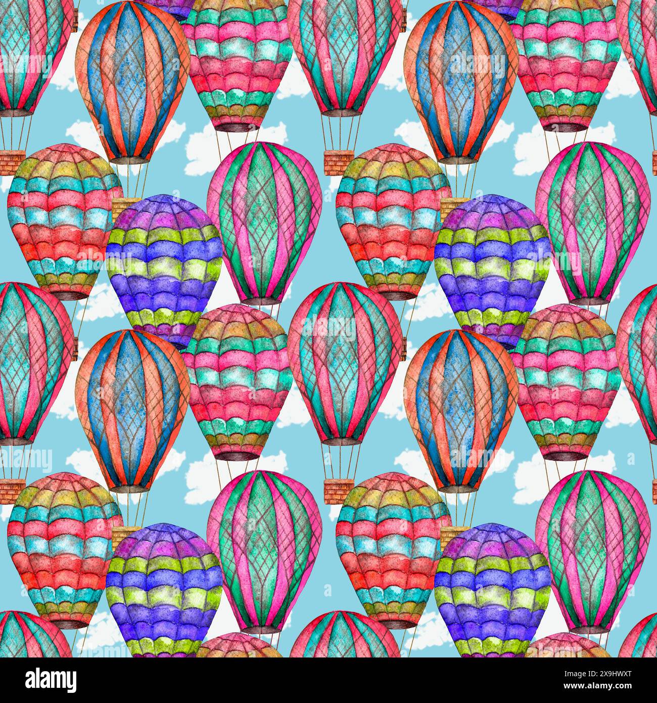 Le colorate mongolfiere con motivi vivaci in un cielo turchese simboleggiano le sensazioni di libertà e avventura Foto Stock