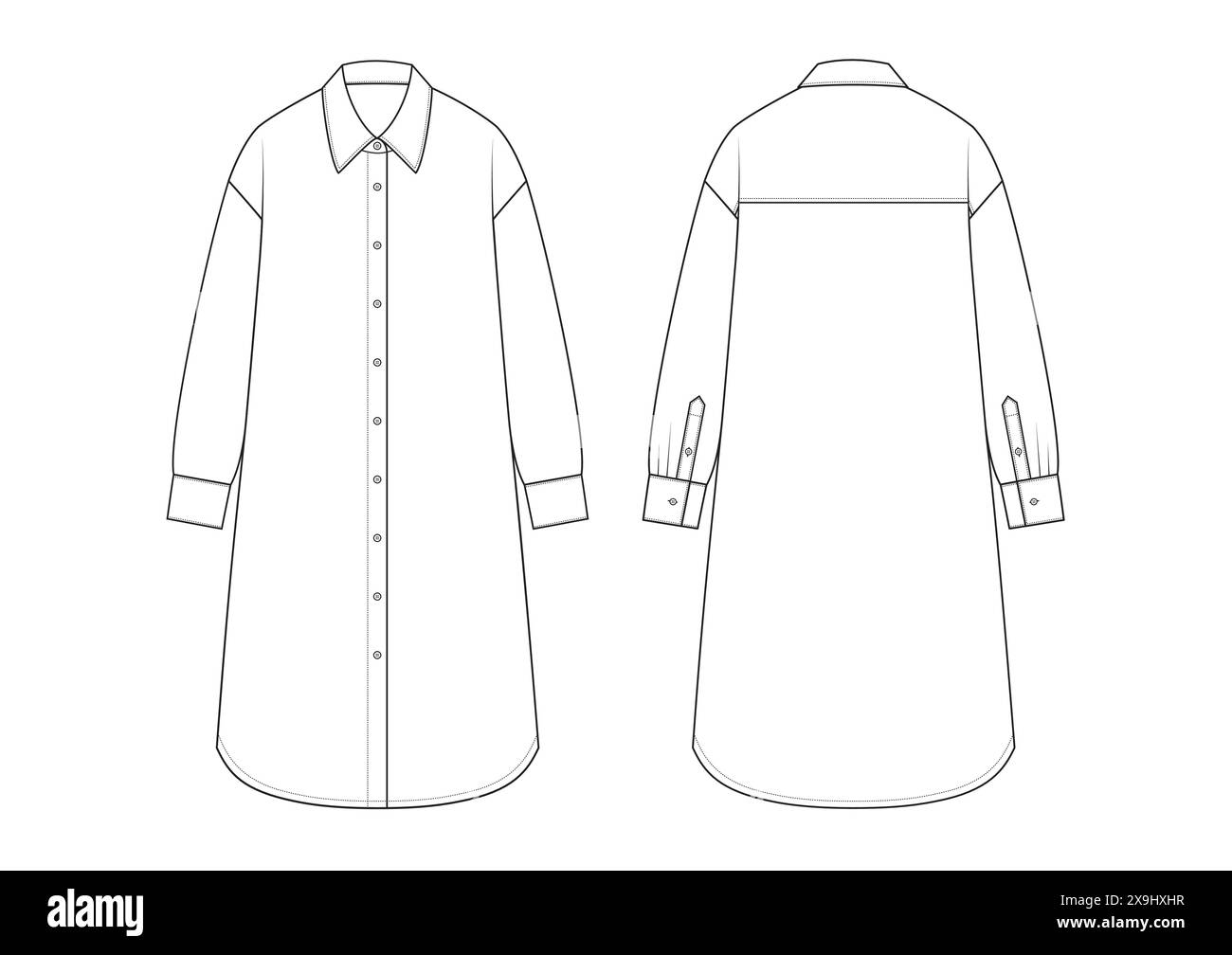 Disegno tecnico vettoriale di un abito camicia button-down con vista anteriore e posteriore. Maniche lunghe. Tessuto. Illustrazione Vettoriale