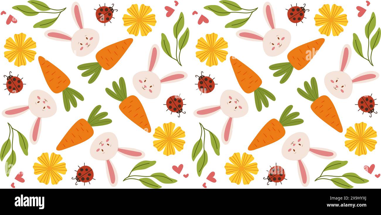 Motivo primaverile senza cuciture con fiori e coniglietti in un grazioso stile vettoriale disegnato a mano. Perfetto per confezioni regalo, tessuti e decorazioni primaverili. Illustrazione Vettoriale