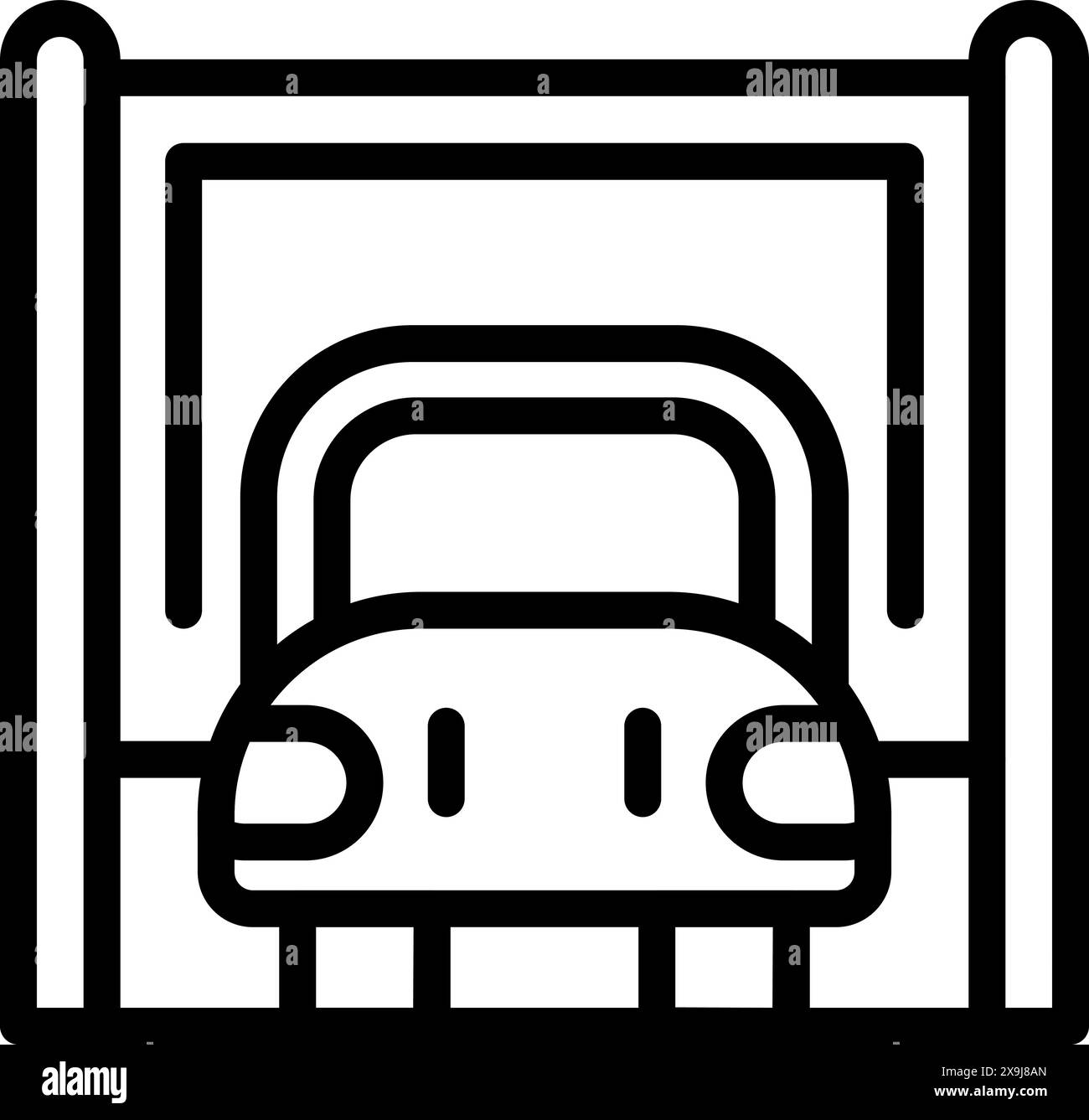 Disegno minimalista in bianco e nero di un'auto parcheggiata all'interno di un garage, perfetto per icone e simboli Illustrazione Vettoriale