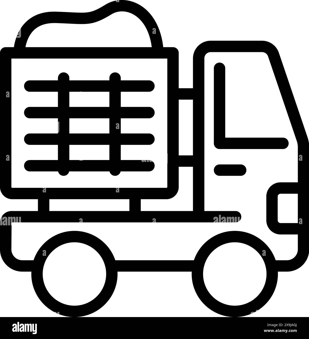 Semplice illustrazione grafica con linee nere che raffigura la vista laterale di un veicolo adibito alla consegna Illustrazione Vettoriale