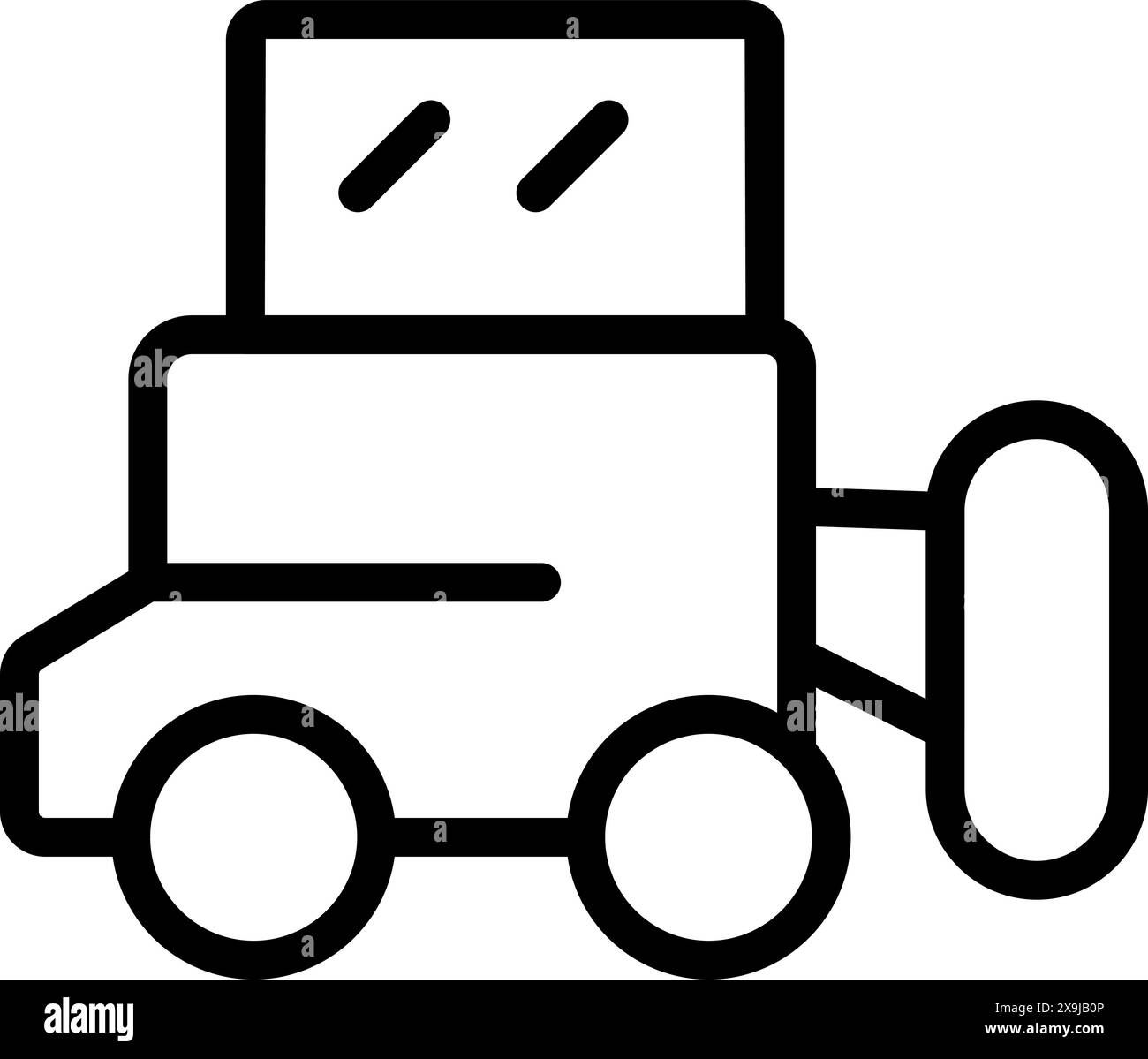Illustrazione vettoriale stilizzata in bianco e nero di una semplice icona di un autocarro per la consegna di cartoni animati per il servizio di logistica e trasporto, isolata su sfondo bianco Illustrazione Vettoriale