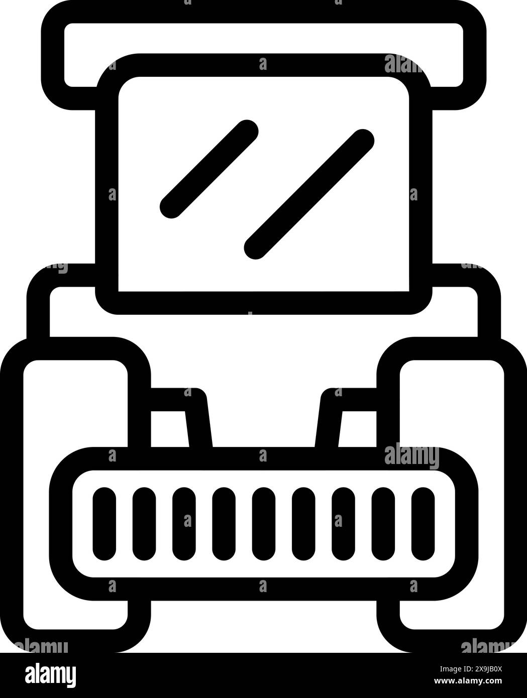 Icona vettoriale in bianco e nero di una moderna stampante per ufficio. Perfetto per design e concetti tecnologici Illustrazione Vettoriale