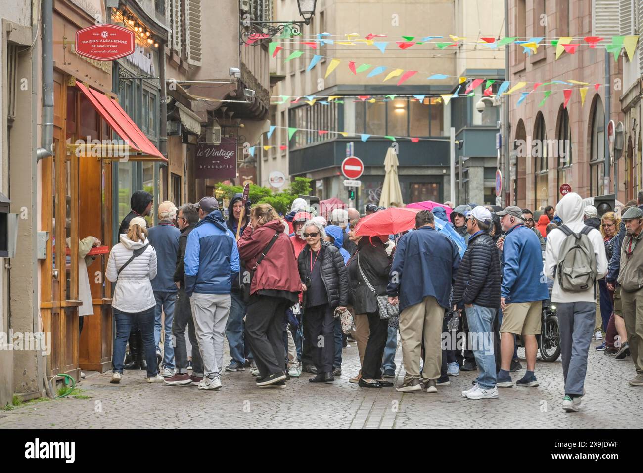 Ausflugsgruppe einer Flußkreuzfahrt auf Besichtigung der Altstadt, Kostprobe in einer Biscuiterie, Straßburg, Département Bas-Rhin, Elsaß, Frankreich Foto Stock