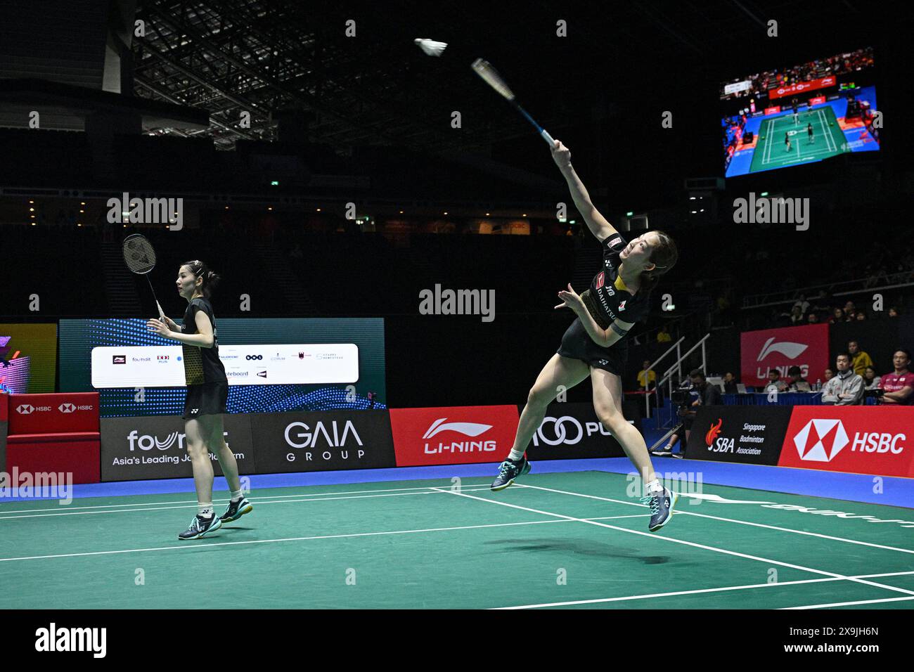 (240601) -- SINGAPORE, 1 giugno 2024 (Xinhua) -- Matsuyama Nami (R)/Shida Chiharu del Giappone gareggiano nella semifinale di doppio femminile tra Matsuyama Nami/Shida Chiharu del Giappone e Treesa Jolly/Gayatri Gopichand Pullela dell'India al Singapore Badminton Open 2024 di Singapore, 1 giugno 2024. (Foto di Then Chih Wey/Xinhua) Foto Stock