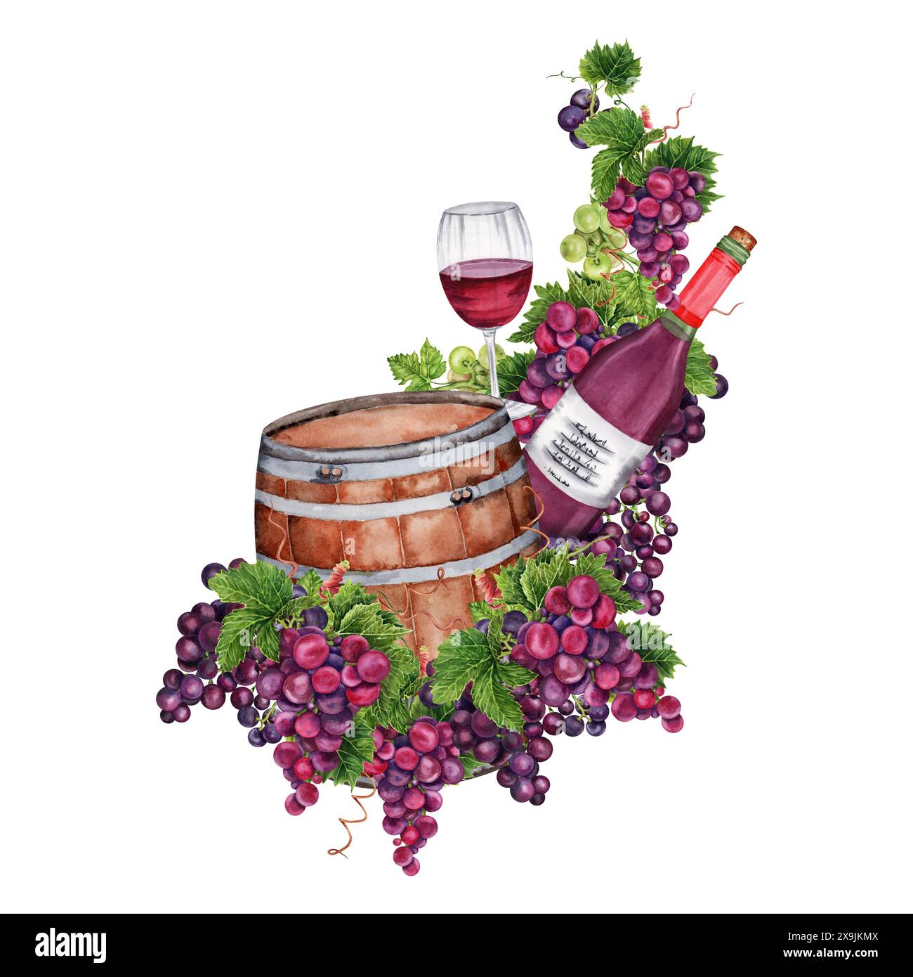 Bicchiere di vino rosso con bottiglia e botte di legno. Elemento di design con grappoli d'uva per inviti alla degustazione di vini, carte di vini e menu. Acquerello Foto Stock
