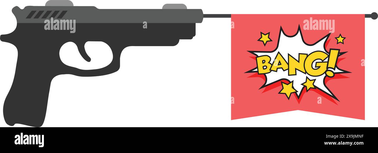 Pistola a pistola con icona a forma di testo in stile piatto. Illustrazione del vettore del simbolo dell'arma da fuoco su sfondo isolato. Le munizioni per fucili firmano il concetto di business. Illustrazione Vettoriale