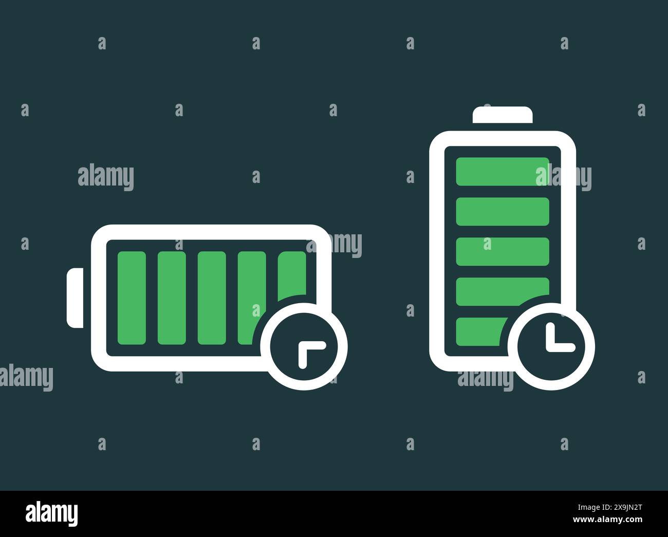 Icona di lunga durata della batteria in stile "flat". Illustrazione del vettore del processo di carica della batteria su sfondo isolato. Concetto aziendale cartello di ricarica accumulatore. Illustrazione Vettoriale