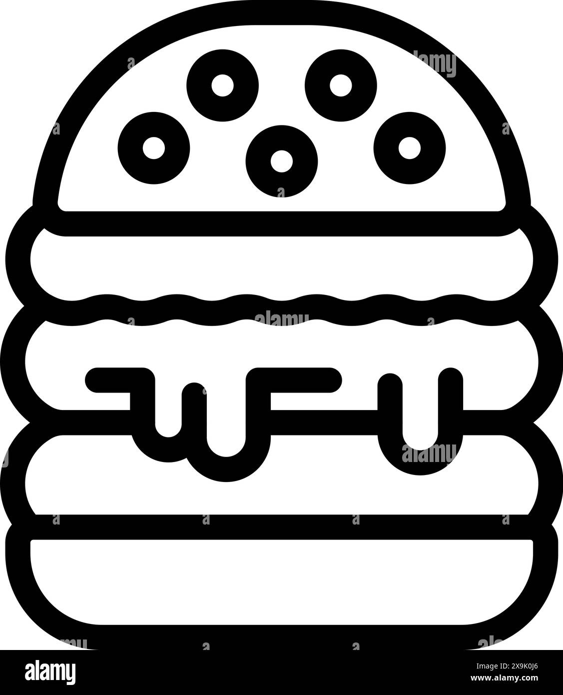 Semplice disegno lineare di un hamburger impilato, in bianco e nero, adatto per le icone dei menu Illustrazione Vettoriale