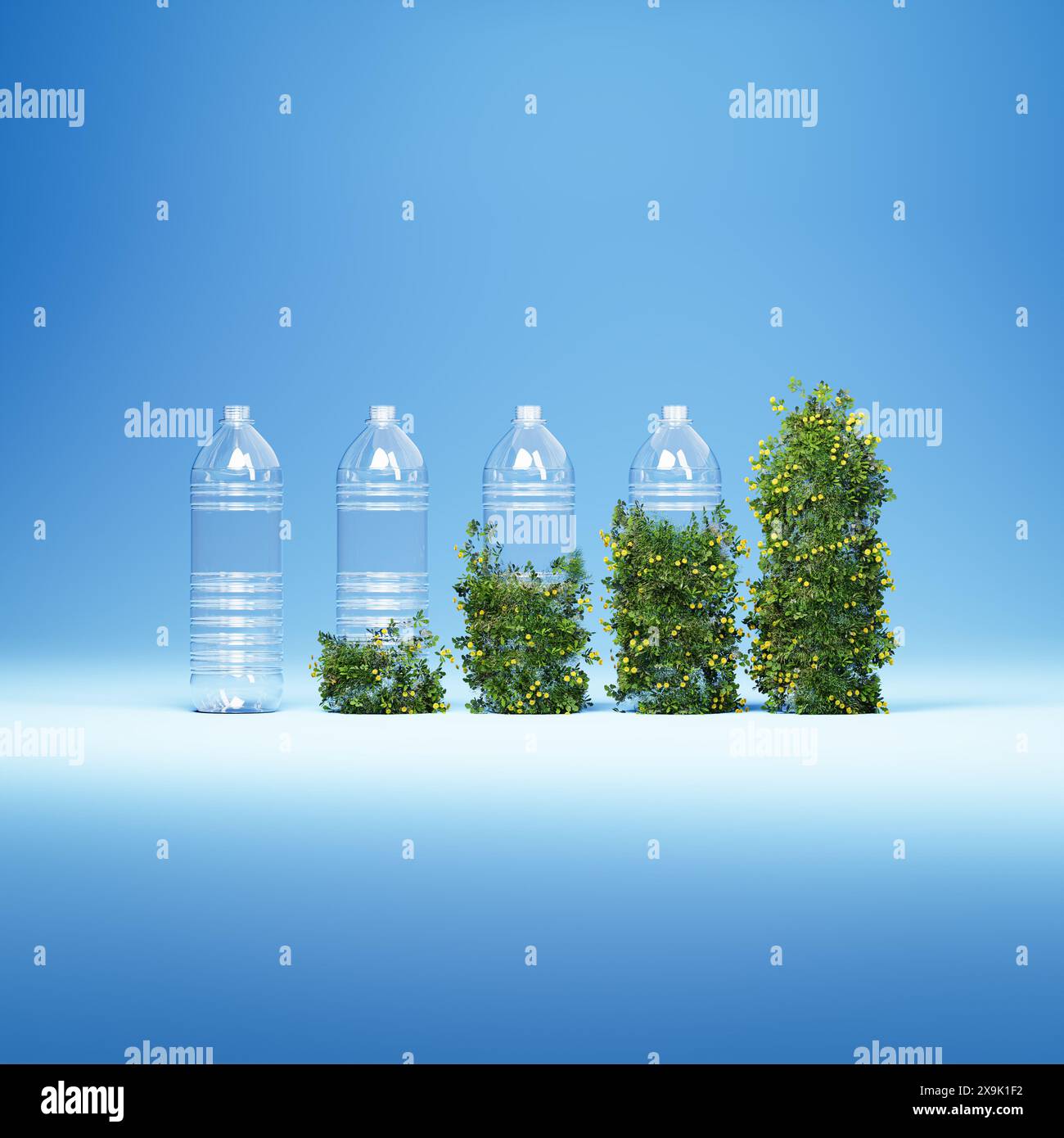 Bottiglie d'acqua in plastica trasparente ricoperte da sinistra a destra da un prato verde sempre più pieno di fiori. Concetto di conservazione ambientale awar Foto Stock
