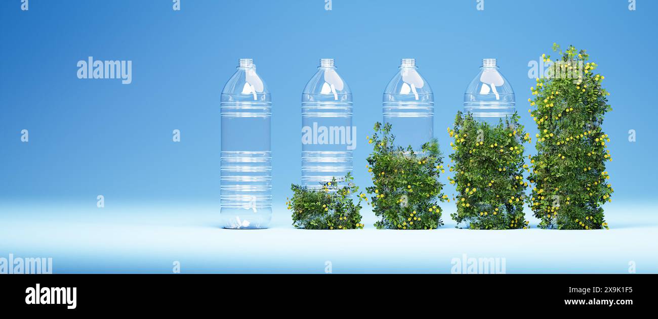 Bottiglie d'acqua in plastica trasparente ricoperte da sinistra a destra da un prato verde sempre più pieno di fiori. Concetto di conservazione ambientale awar Foto Stock