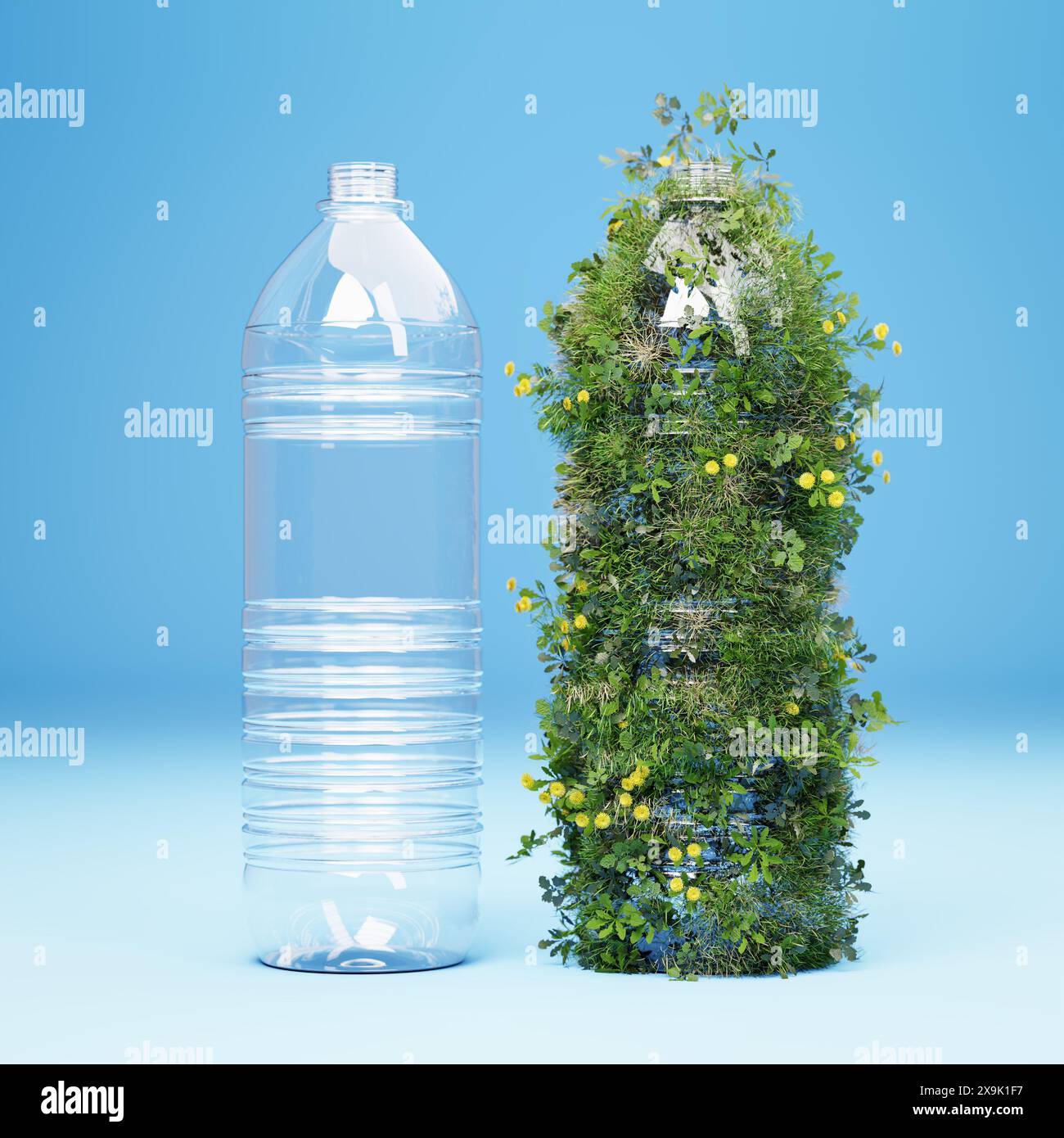 Svuotare la bottiglia d'acqua in plastica trasparente e la bottiglia ricoperta da un prato verde di fiori. Concetto di rifiuti di plastica e conservazione ambientale A. Foto Stock