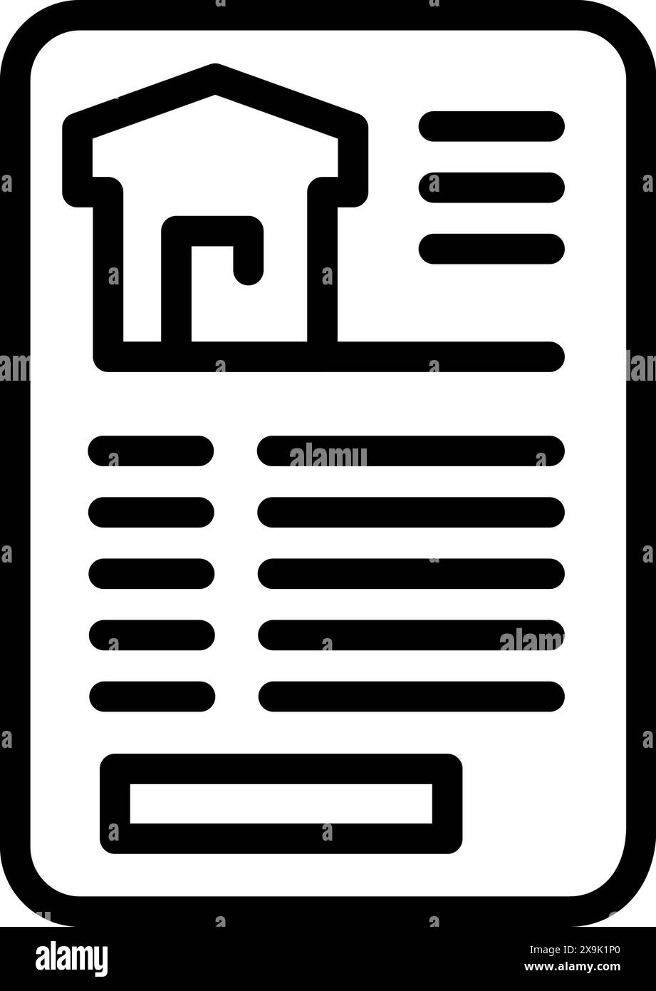 Icona del contratto immobiliare in bianco e nero con illustrazione di documenti di casa e accordo in design grafico vettoriale minimalista per l'acquisto, l'affitto e il leasing di immobili residenziali Illustrazione Vettoriale
